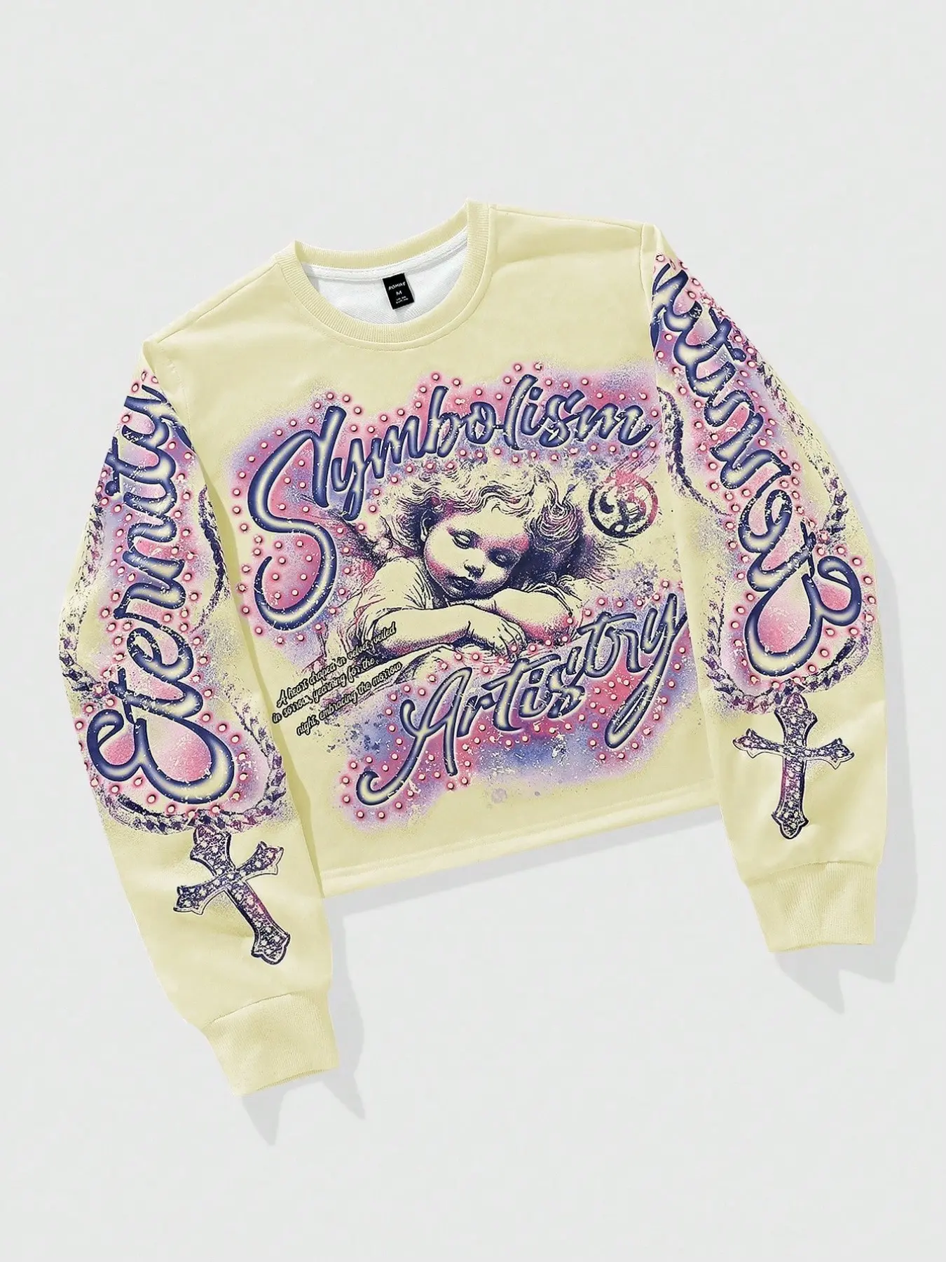 Men's White Cropped Crew Neck Long Sleeve Pullover Sweatshirt, Front Angel Symbolism Gradient Rhinestone Letter Print, Eternity Cross Graphic, Ribbed Cuff Loose Street Fit, Dark Y2K Daily Casual, Loose Street Style, Faith Based Streetwear Top