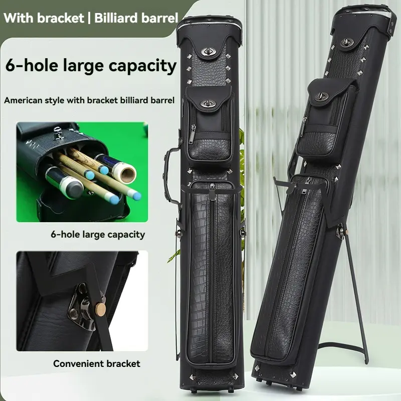 6-hole 2x4 billiard cue case, made of PU material, holds three shafts and three butts, waterproof, shockproof, with a stand. Perfect for every pool player – an ideal holiday gift.