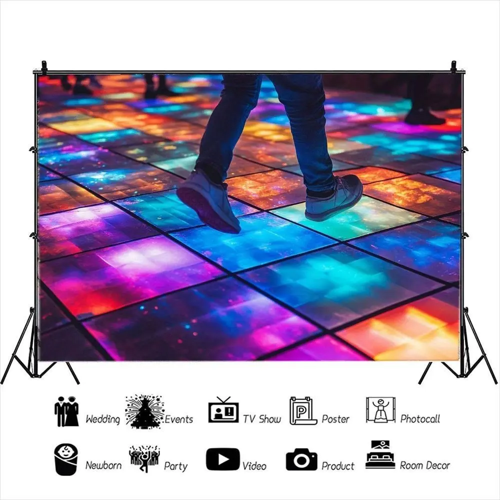 Neon Light Grid Background Cloth, Disco Dance Floor Atmosphere Hanging Banner, Music Festival Party Decor, Polyester Wall Hang Mat, Indoor Outdoor Use