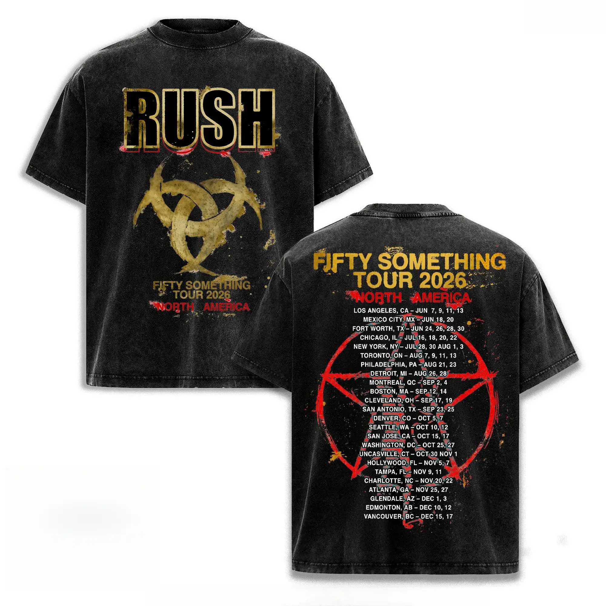 Rush Fifty Something Tour 2026 Vintage T-Shirt Graphic Tee Double Sided Concert Merch North America Tour Dates Pentagram Design Oversized Streetwear Unisex Rock Fan Gift Summer Outfit, Gift for Girlfriend