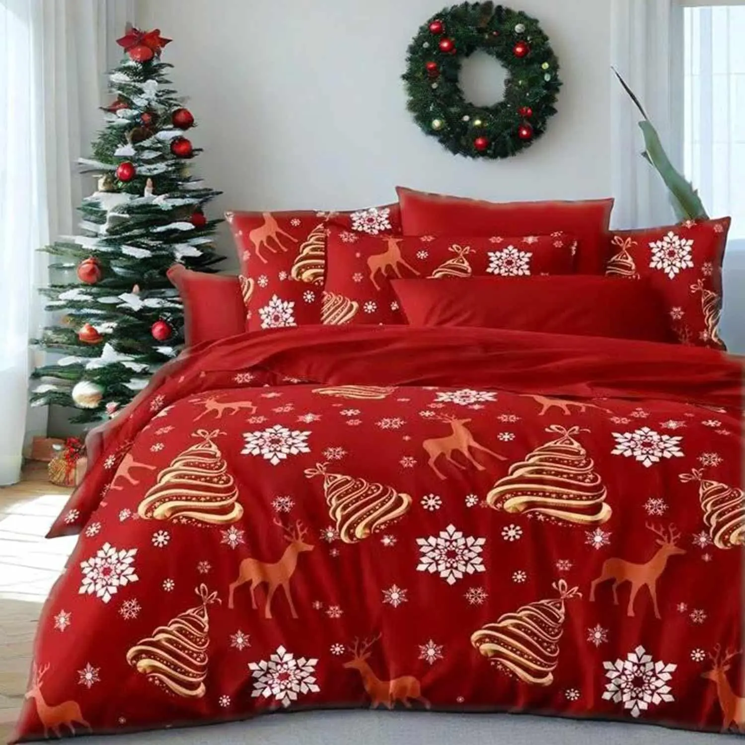 Christmas Comforter Set  Size - 3 count 90x90 inch Red Deear  Tree and Snow  Printed Bedding Sets -Soft and Lightweight   Duvet Bed in a Bag for Women
