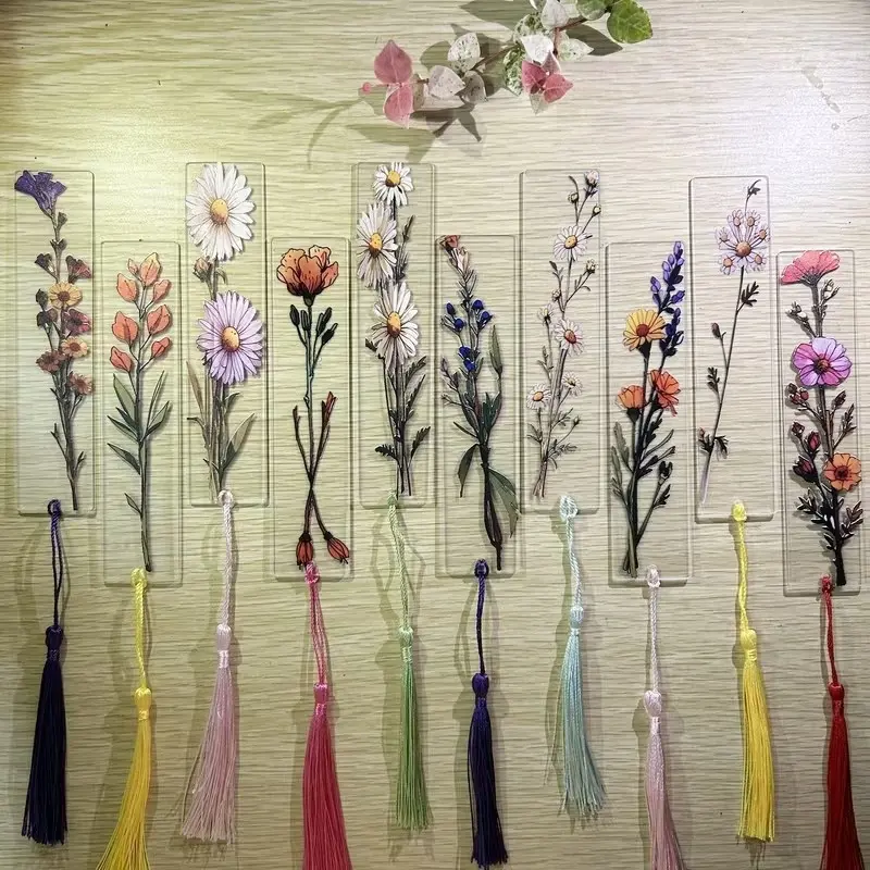10pcs Flower-Shaped Acrylic Bookmarks with Tassels, Transparent Flower Bookmarks, Assorted Colors, Study Supplies, Office Stationery, Book Accessories, Gift for Readers