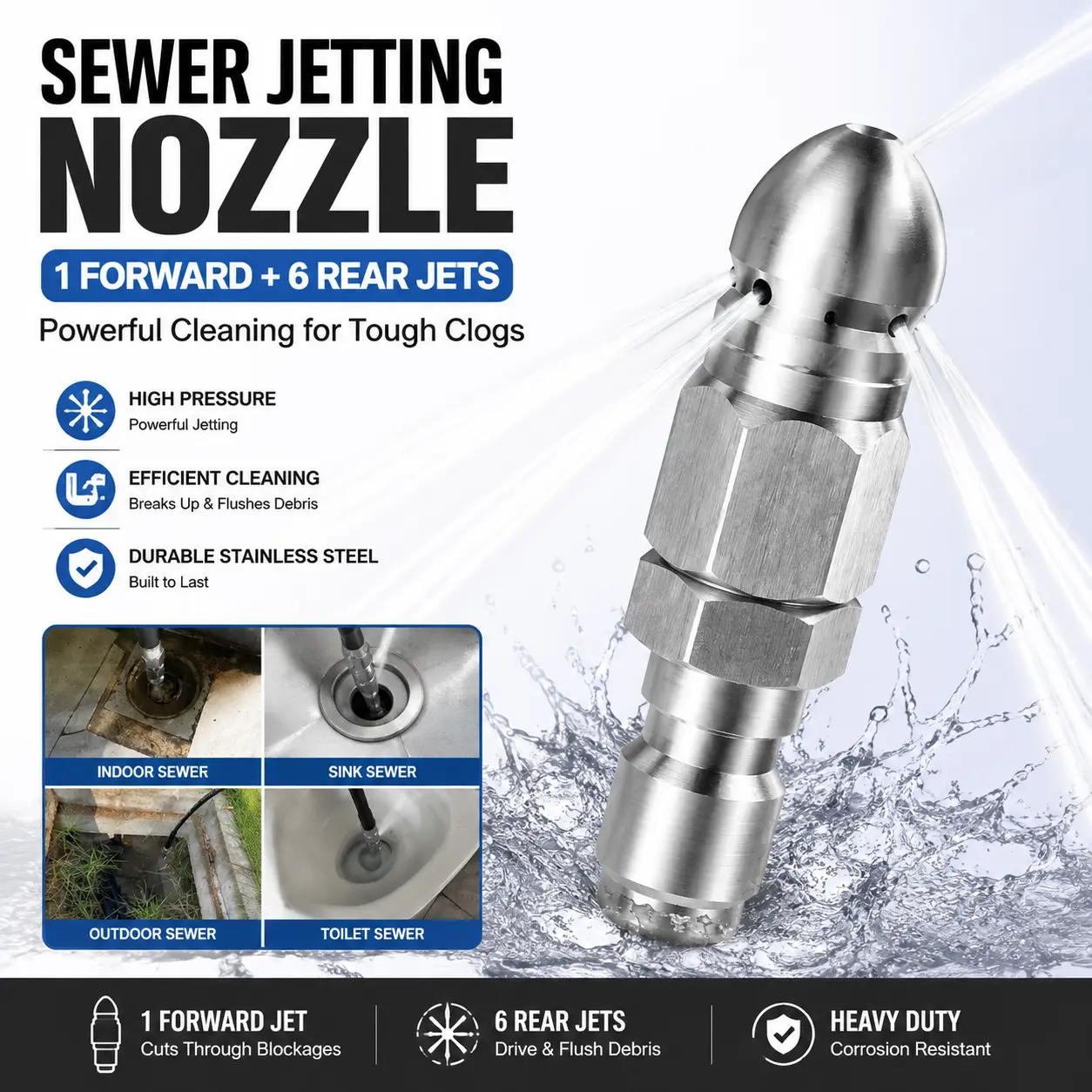 Stainless Steel High-Pressure Sewer Jetter Spray Nozzle for Pressure Washers,Sewer Cleaning, 1/4 in Quick Hose Connector, Clogging Removal Drain Cleaning Pipe Fittings, Deep Cleaning Surface-Gentle Plumbing Accessory, Clogging Removal-YY1