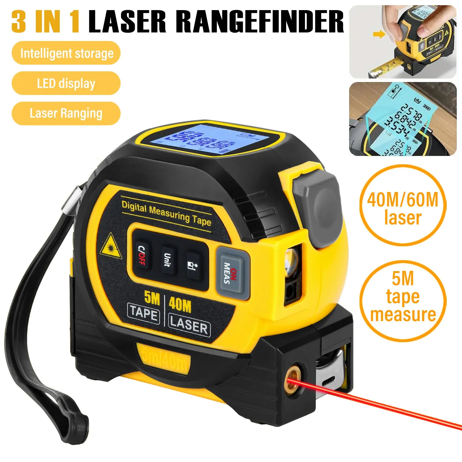 All-In-One 3-In-1 Laser Distance Measurer, Tape Measure + Rangefinder + Angle Measurement, 40m/60m, LCD Display, Indoor/outdoor Use, Digital Measuring Tape