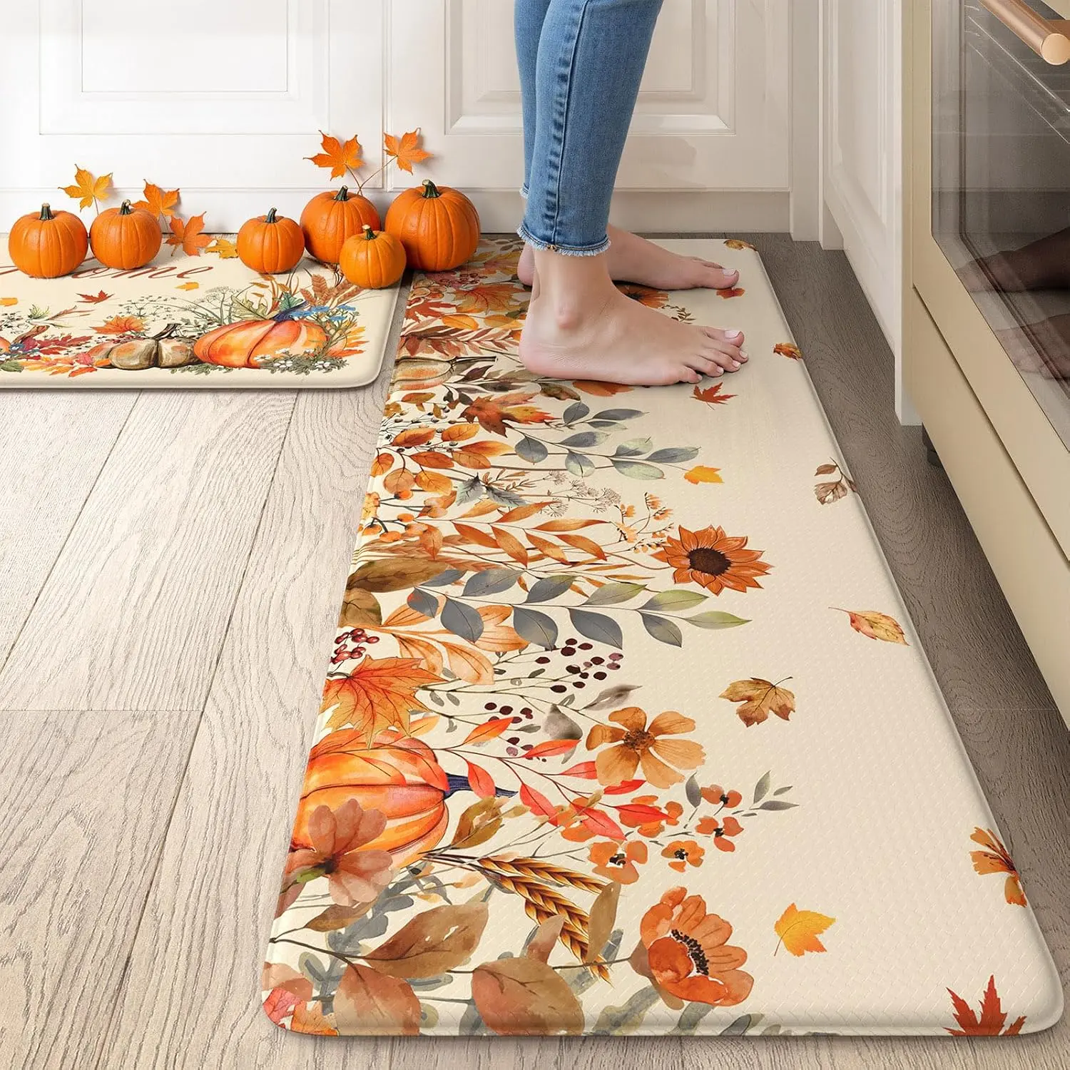 Fall Kitchen Rugs Sets of 2 Orange Floral Anti  Kitchen Mats | Cushioned Kitchen Sink Rugs Non Slip,  Comfort Standing Desk Mat for Laundry, Fall Harvest Thanksgiving  Decor