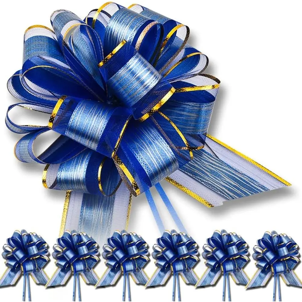 6 PCS Large Blue Pull Bows, Gift Wrapping Ribbon Bows for Wedding Birthday Christmas Valentine's Day Gift Baskets Party Presents Holiday Decoration