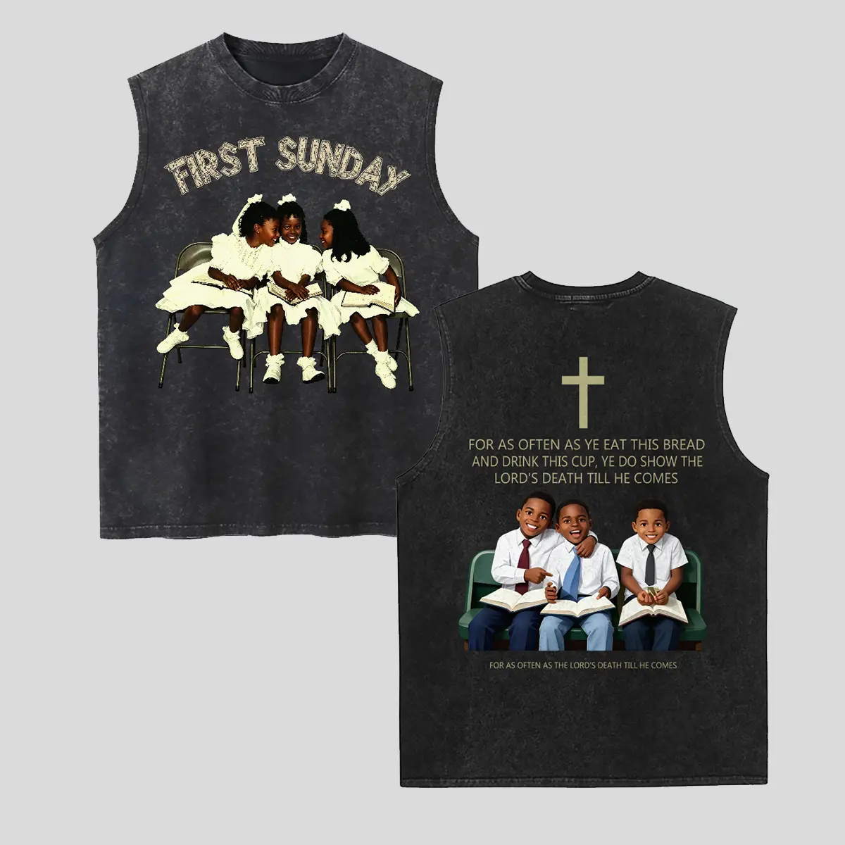 Unisex FIRST SUNDAY Christian Religious Black Children Church Worship Graphic Washed Vest Personalized Pattern Y2k Clothing Round Neck Washed Vest,Women's Clothing 100% Cotton, Menswear, Top, Vintage Style,Summer Casual Oversized