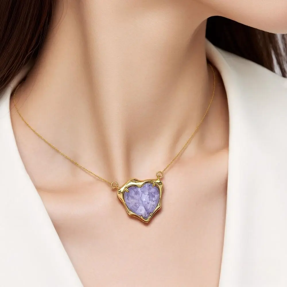 Vibecharm Women's Irregular Heart Pendant Chain Jewelry Necklace - Long Gold-Tone Copper Box Chain, Colorful Tinted Glass Stone, Vintage Romantic Costume Jewelry for Daily Wear, Gift, Chain Jewelry Necklaces
