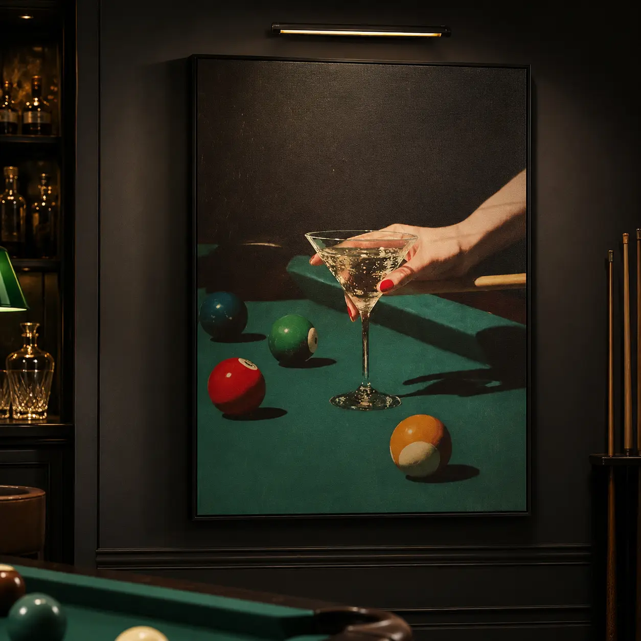 Vintage Dive Bar Martini Pool Poster Art - Retro Billiards Smoking Cocktail Oil Painting, Lucky 8 Ball Print, Vintage Wall Art, Home Accessory for Bedroom, House & Cool Room Decor, Canvas Wall Art, Man Cave Decor, Game Room Decor, Gift for Pool Players