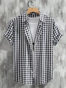 Lightweight crinkle gingham plaid shirt for hot summer! Breathable wrinkled texture no iron needed, classic small check design, 4 fresh pastel colors, rolled short sleeve easy match jeans & shorts for everyday!#GinghamShirt #PlaidButtonUp #MensDailyOutfit