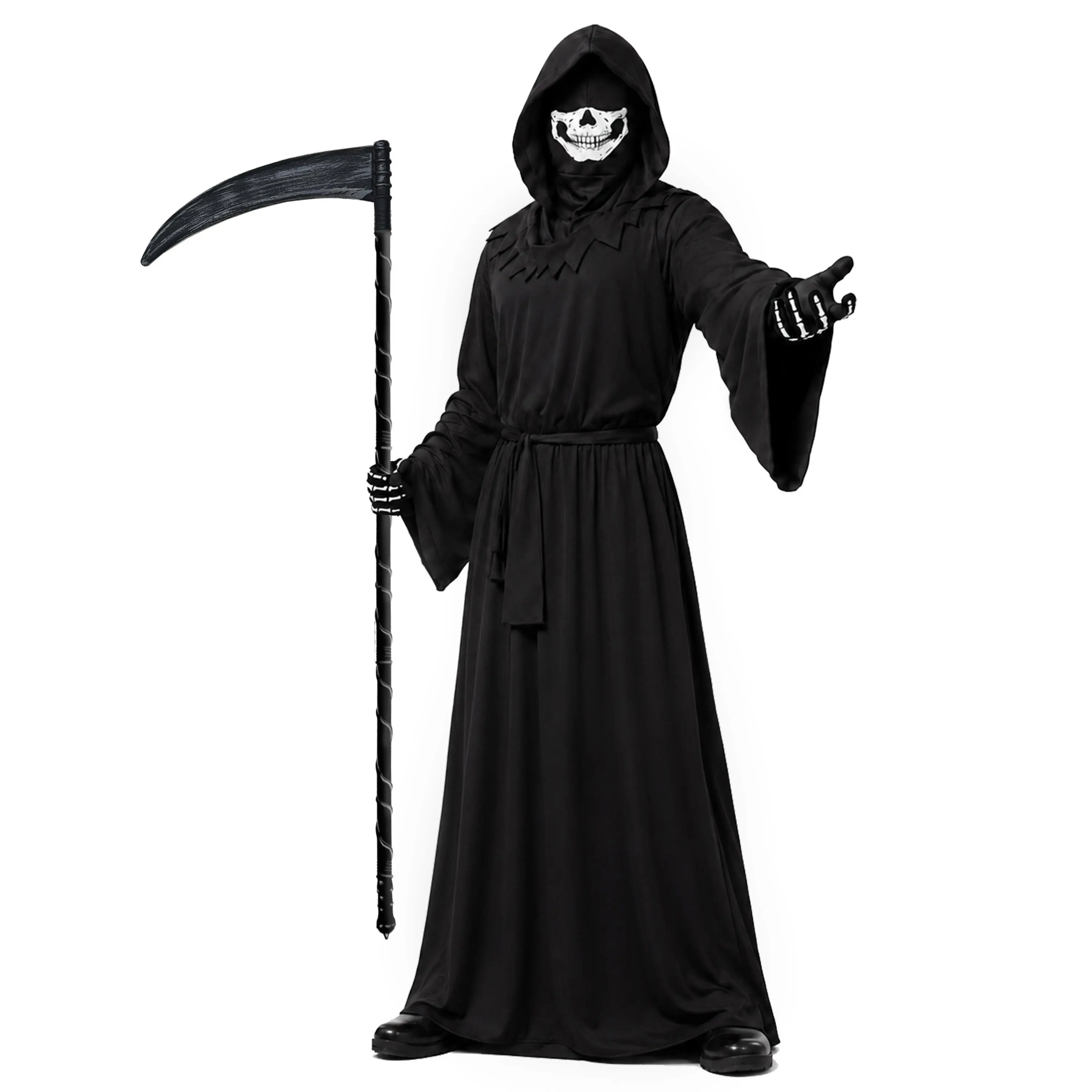 Grim Reaper Costumes Set for Adult Halloween Scary Ghost Hooded Robe | Unisex | Set with Skull Mask Faceless Hood Scythe Gloves | Lightweight | Breathable | Stretchy | Easy to Wear (59″)
