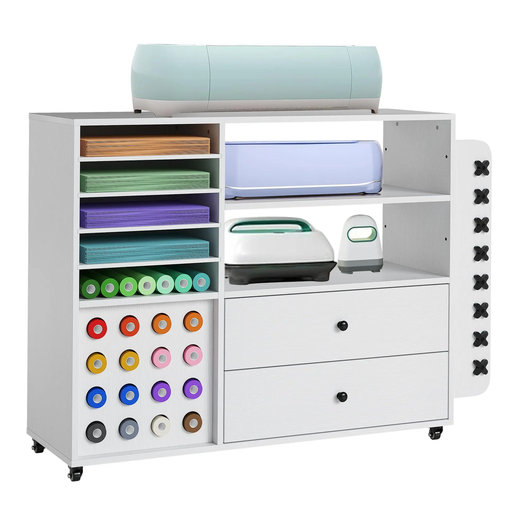 White Grey Rolling Wooden Craft Storage Cart with 24 Vinyl Roll Holder, Mobile Studio File Cabinet, Drawers, Adjustable Shelves & Racks for Cricut Silhouette Studio Utility Organization