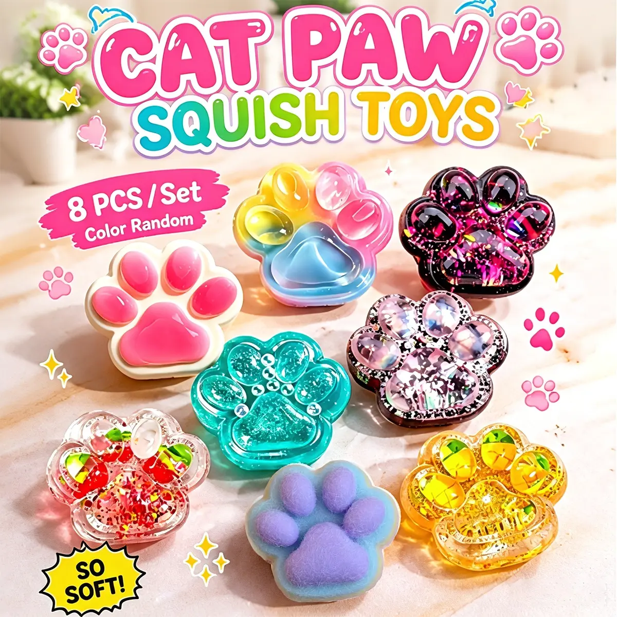 8pcs - Novel and High Beauty Cat Claw Pinching and Squeezing Toys, Multiple Cute and Sticky Cat Claw Styles, Soft Sensory Toys for Relieving Stress and Anxiety, Adult and Children's Party Gifts