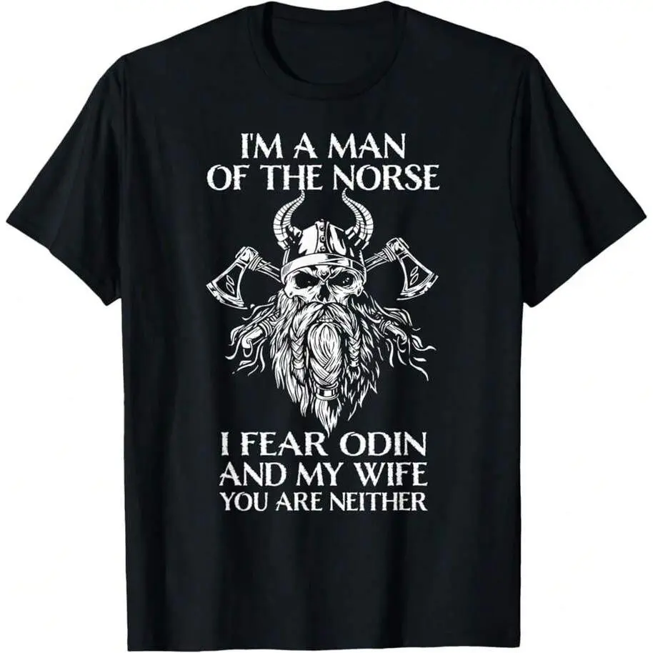 180gRetro Viking Runesorse Mythology Clothing Co., Mens I'M A Man Of The Norse, Matching Couple Outfits,OVERSIZE,Black Casual Short Sleeves, 100% Cotton Classic Day