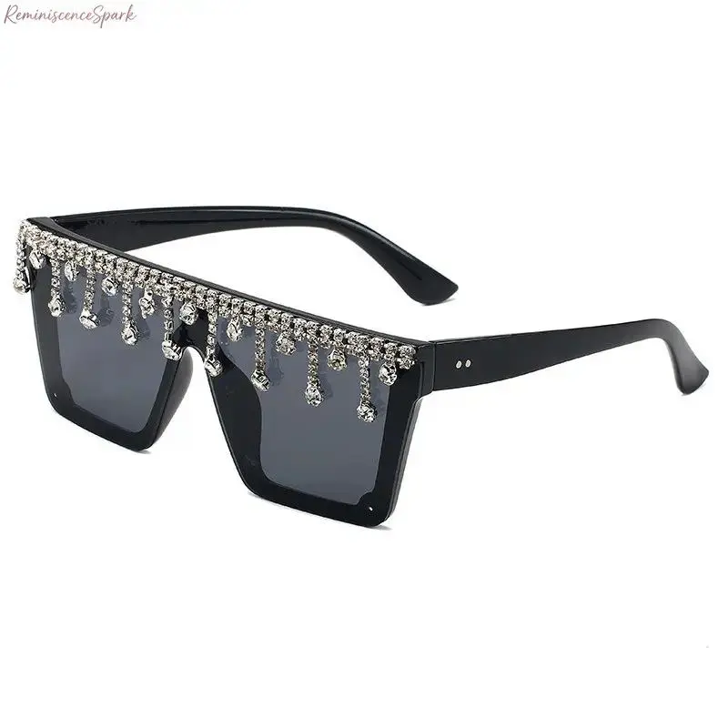 XUH Unisex Oversized Square Fashion Sunglasses with Dangling Rhinestone Tassel, Sturdy Solid Metal Frames, UV400 Anti-Glare Polycarbonate Protective Lenses, Retro Party Eyewear Ideal for Night Club Events & Everyday Casual Street Outfits