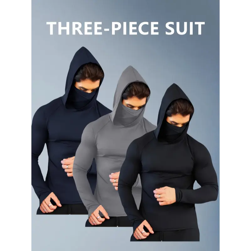 3pcs Lightweight Quick-Dry Windproof Hooded Sweatshirts with Face Mask Set - High Stretch Compression Sportswear for Outdoor Activities, Running & Fitness Polyester 94%, Elastane 6%, Knit Fabric, Skinny Fit, Solid Color, Four Seasons, Uni