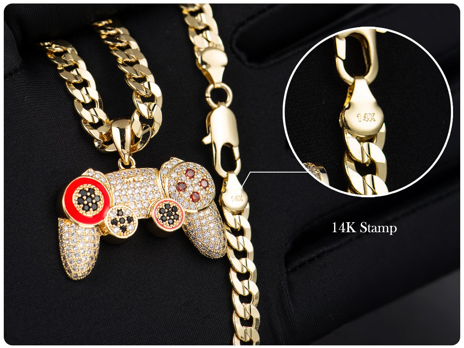 14K Real Gold-Plated Game Controller Necklace, Sony-Inspired CZ Diamond Pendant, 24" Rope &  Cuban Chain, Hip Hop Jewelry Gift for PlayStation Fans