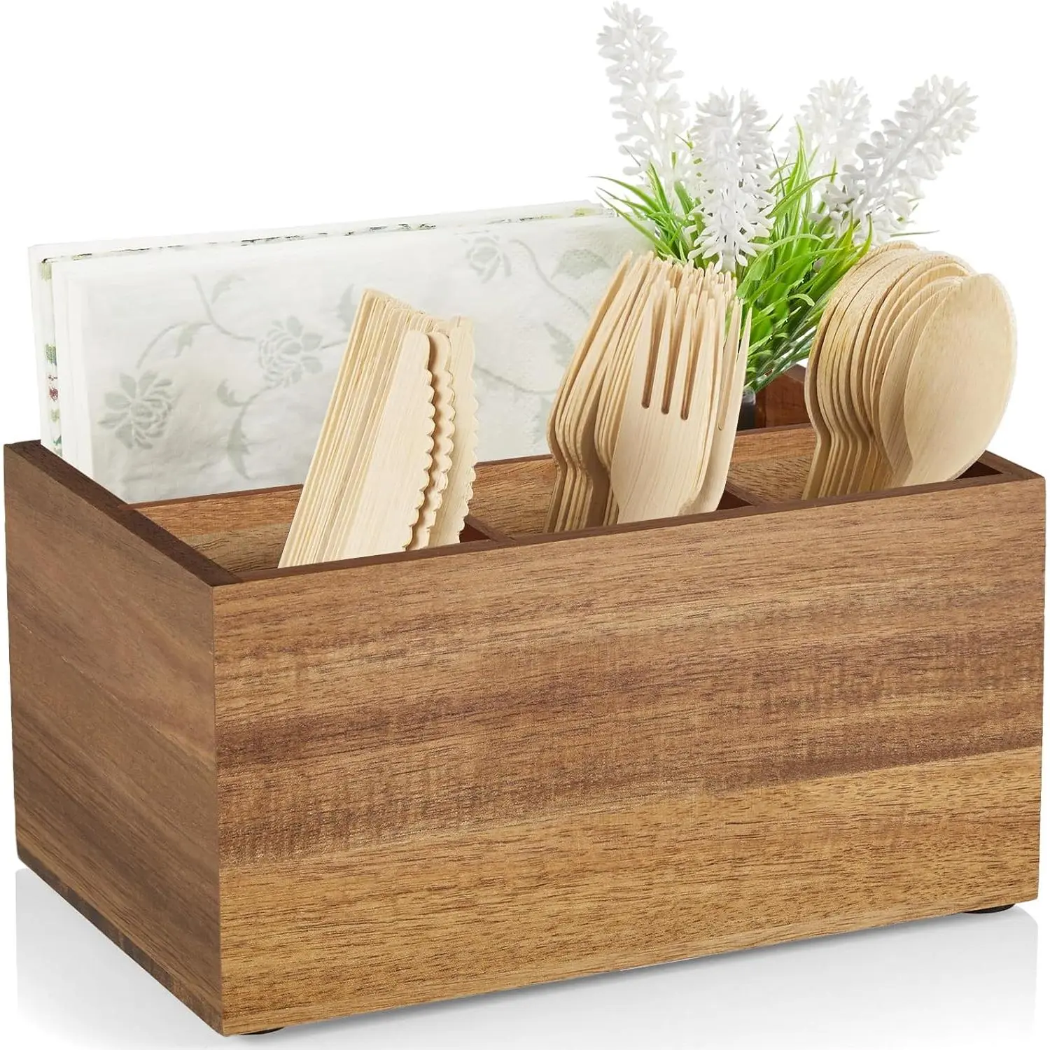 Utensil Caddy, Silverware Caddy for Party, Acacia Wood Silverware Holder, Silverware Organizer Countertop, Cutlery Storage Containers for Kitchen Table