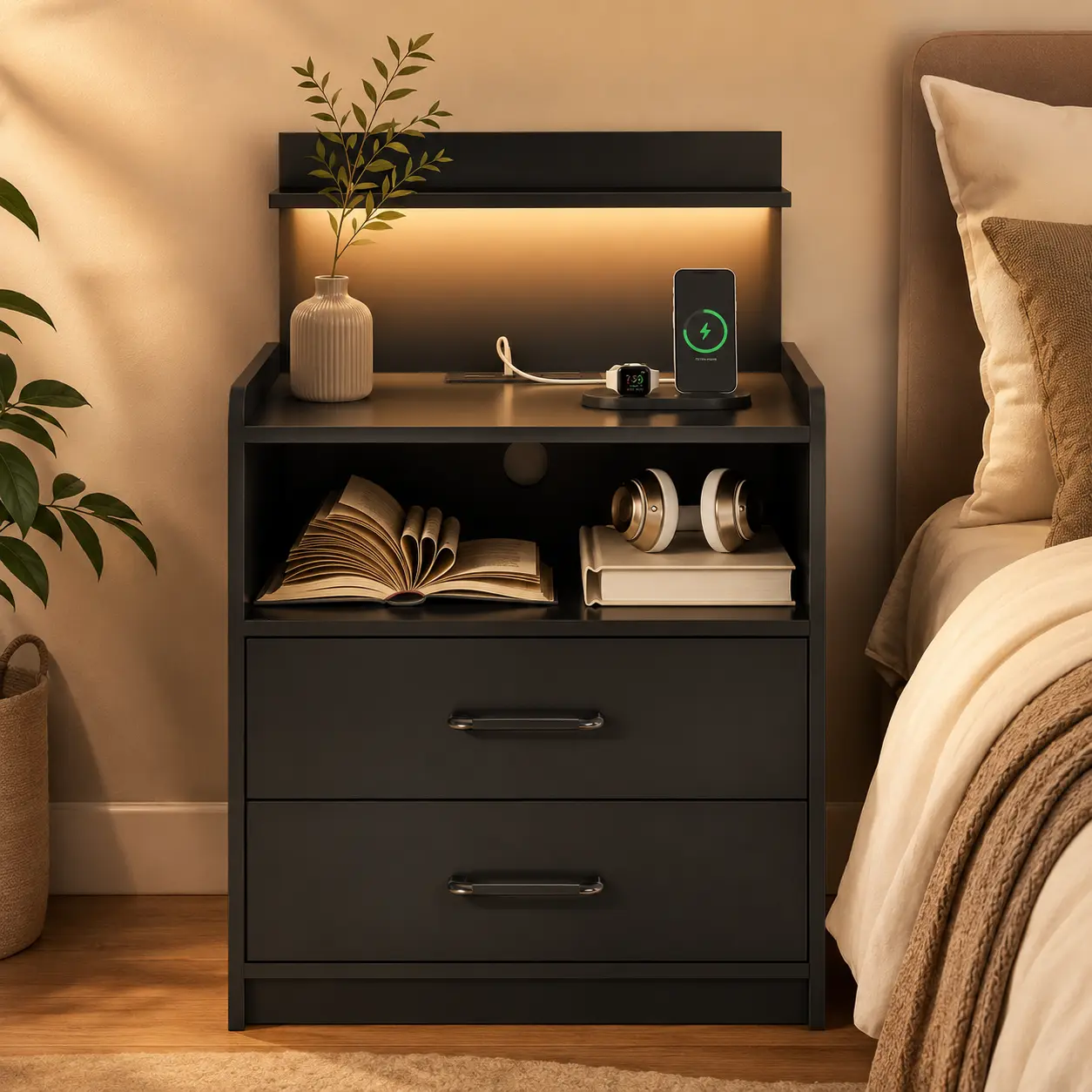LED nightstand with charging function, open storage nightstand with two drawers, bedside cabinet with LED lights, modern side table equipped with USB port sockets