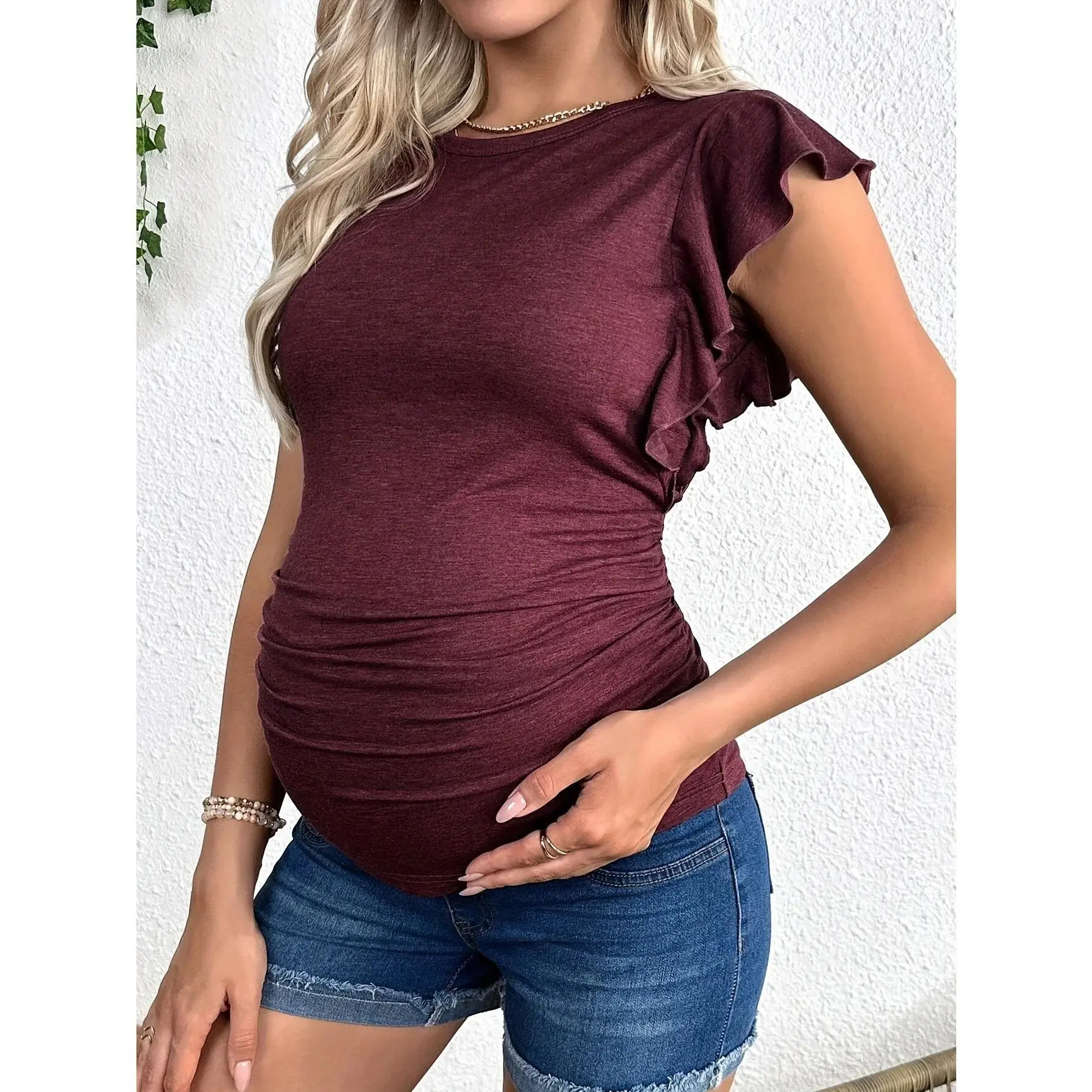 Women's Short Sleeve Crew Neck Maternity T-shirt - Maternity Clothing, Sporty Chic, Modest, Summer Comfortable Red Apparel