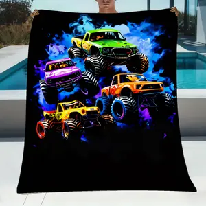 Colorful Festive Pattern Monster Trucks Dynamic Action Scene 1pc Flannel Blanket |   Soft Warm All-Season, Polyester, Suitable for Sofa, Bed, Office, Shawl, Camping and Travel, Perfect Gift for Birthday Anniversary, Travel Essential, Home