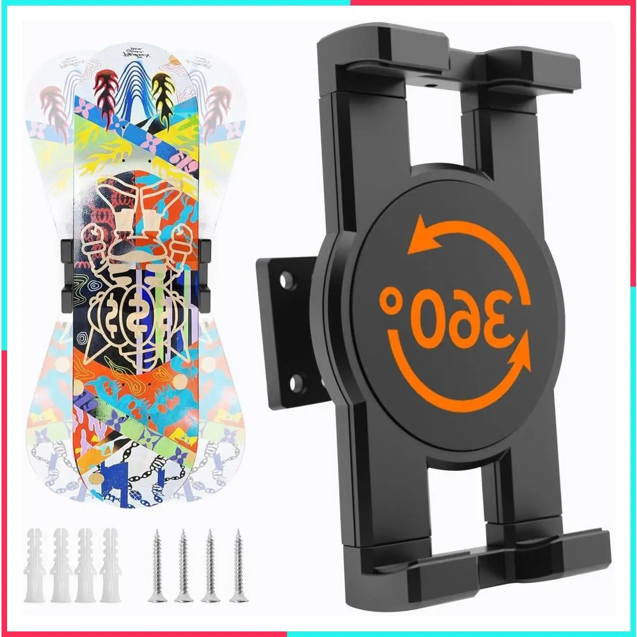 1 Pack/2 Packs Skateboard Wall Mount, 360° Adjustable Rotating Skateboard Hanger for Wall Decor, Skateboard Deck Display Mount, Black