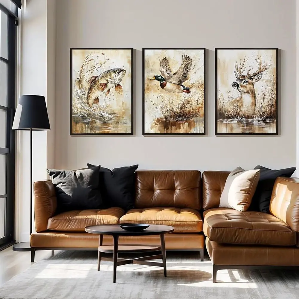 3 Pieces Cute Wildlife Deer Wild Duck Fish Jungle Angel, Canvas Wall Mural, Wall Art Set, Warm Childlike Home Art, Kids Gallery Decor, Soft Tone Painting, Wall Decor for Living Room and Kids Room, Decoration Items, Framed or Unframed.