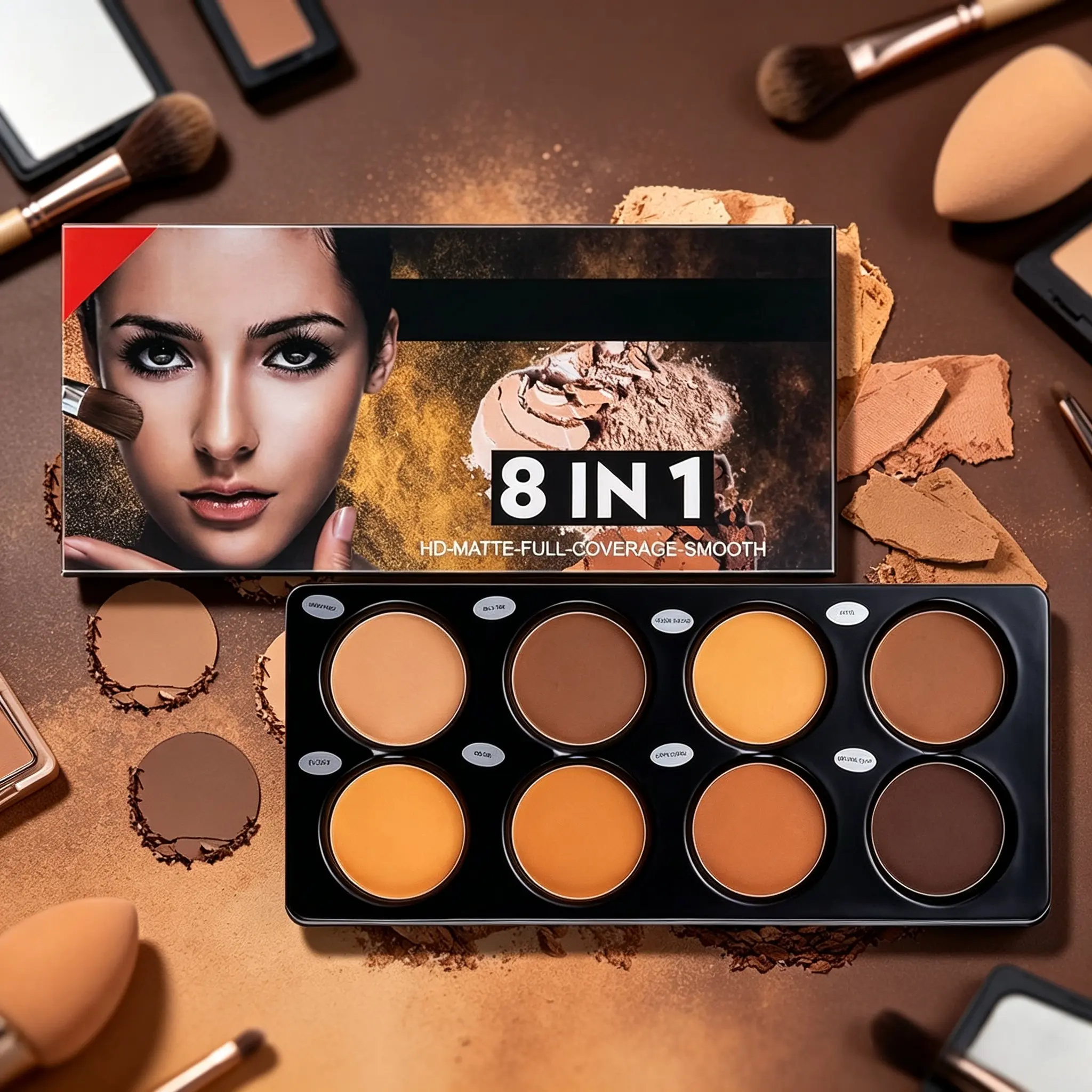 8-shade full matte multi-contour powder palette, Contouring palette, with warm & cool gradient tones. Fine non-fallout powder for shadow, highlight, nose & cheek sculpting. Compact palette for daily home makeup and on-the-go touch-ups