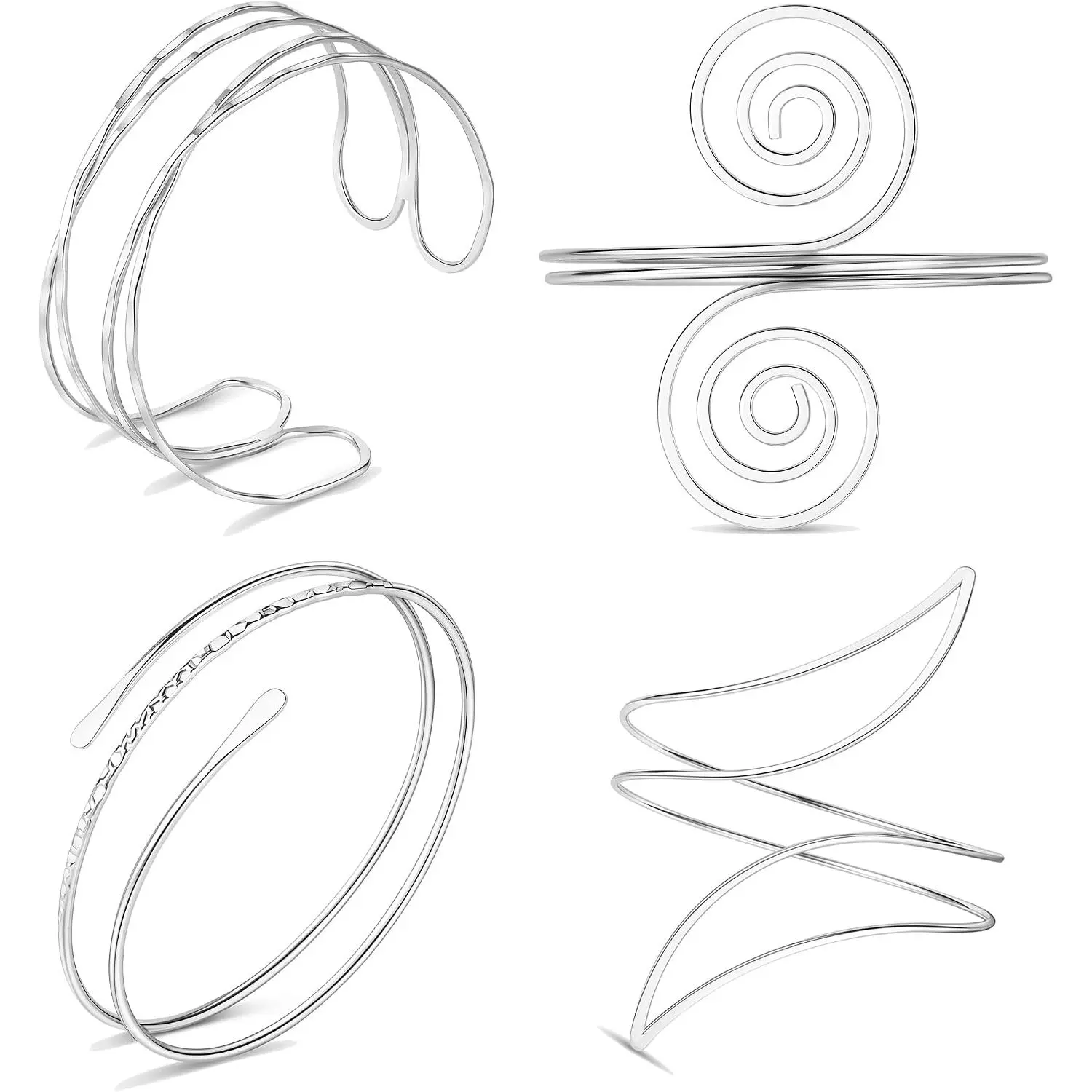 4PCS Upper Arm Cuff Bracelet Set for Women, Silver Tone Adjustable Arm Bands, Spiral Bangle Armlets, Minimalist Statement Arm Jewelry