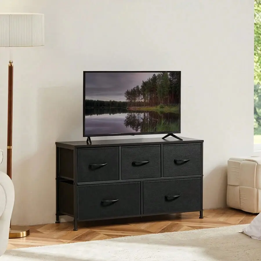 5-Wide Rectangular MDF Board Chest of Drawers with Steel Frame - Foldable Drawer System, Easy-Setup Display & Drink Storage Organizer, Classic Modern Indoor Cupboard for Bedroom