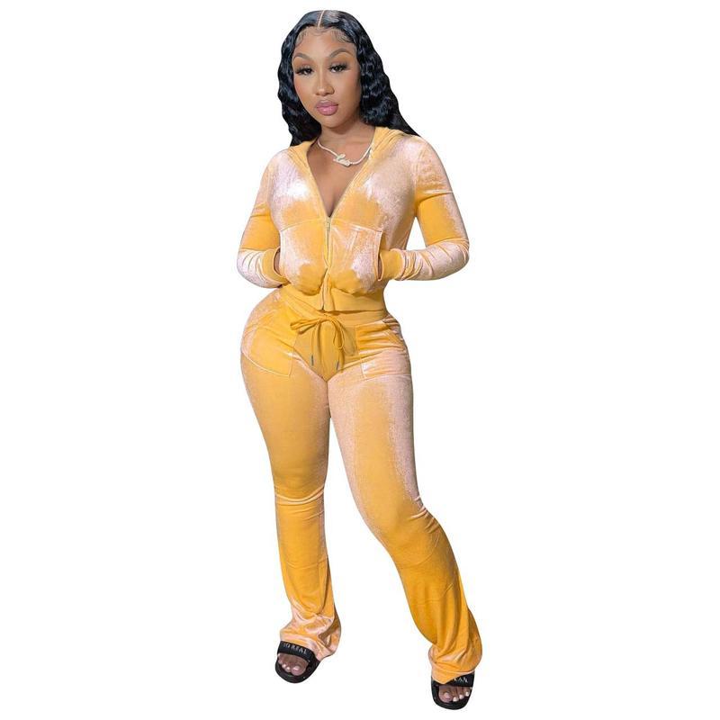 Women Autumn Two Piece Outfits 2 Piece Velour Tracksuit Sweatsuits Zip Up Hooded Jacket Flared Pants Jogger Sets
