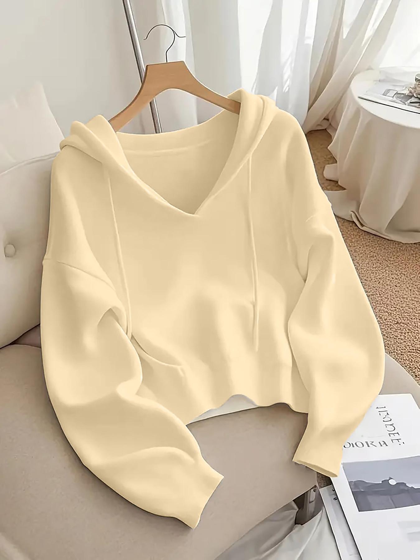 Women's V-Neck Adjustable Drawstring Hoodie, Loose Fit Soft Knit Pullover, Casual Unique Design Long Sleeve Sweatshirt for Early Autumn