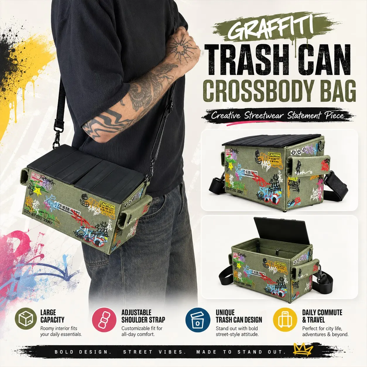 Novelty Graffiti Trash Can Crossbody Bag, Large Capacity Funny Garbage Bin Design Shoulder Bag, Streetwear Aesthetic Crossbody Purse for Men & Boys, Unique Daily Travel Bag & Creative Gift for Teens & Adults