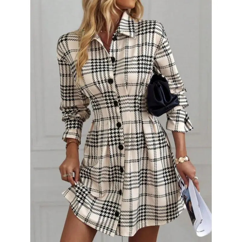 Women's Stylish Plaid A-Line Dress with Lapel Collar, Casual Long Sleeve Polyester Clothes with a Slim Fit Style for Lady