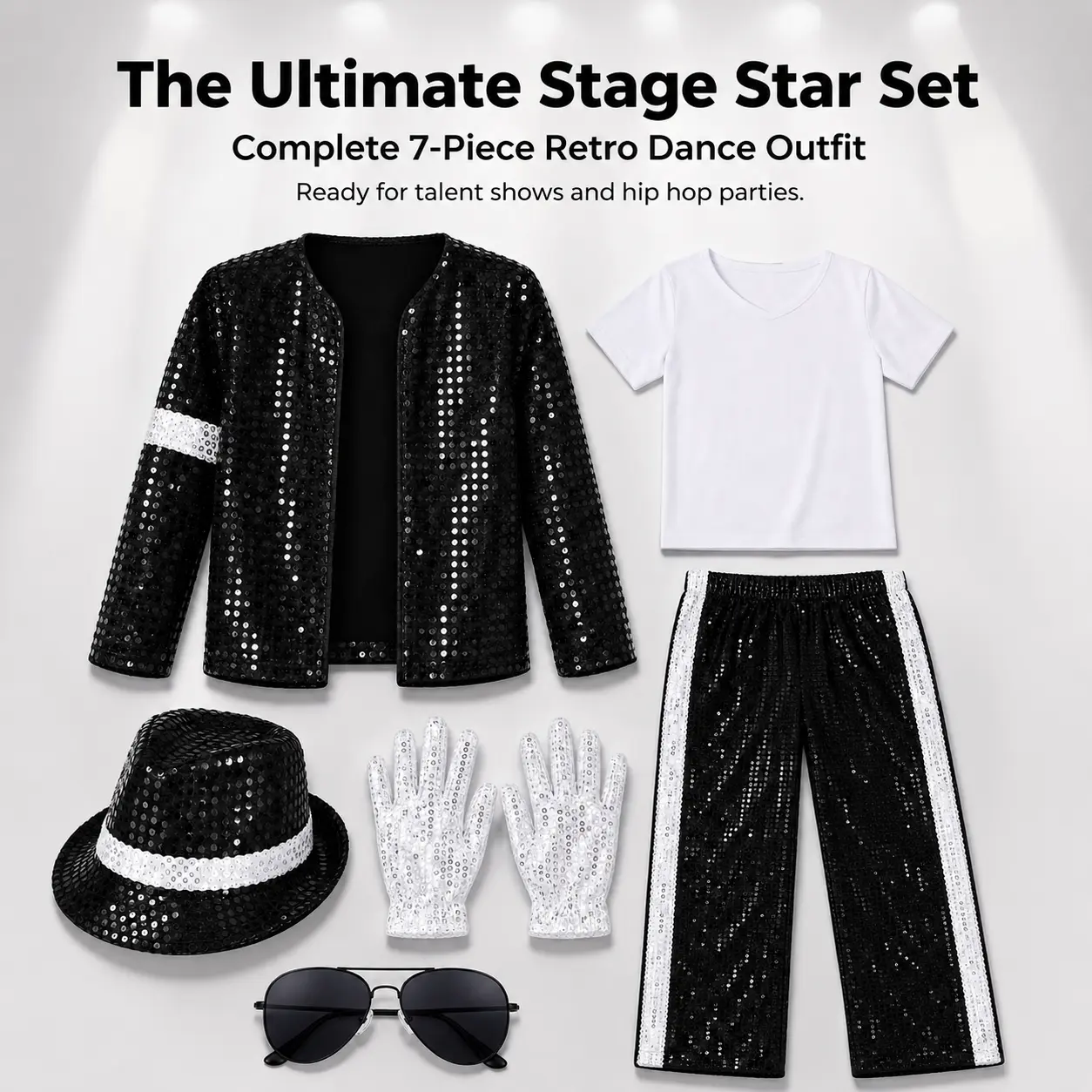 Kids Black Silver Sequin Dance Costume Set 7 Pcs Glitter Jacket Pants Hat Gloves Sunglasses Socks Boys Hip Hop Stage Performance Outfit