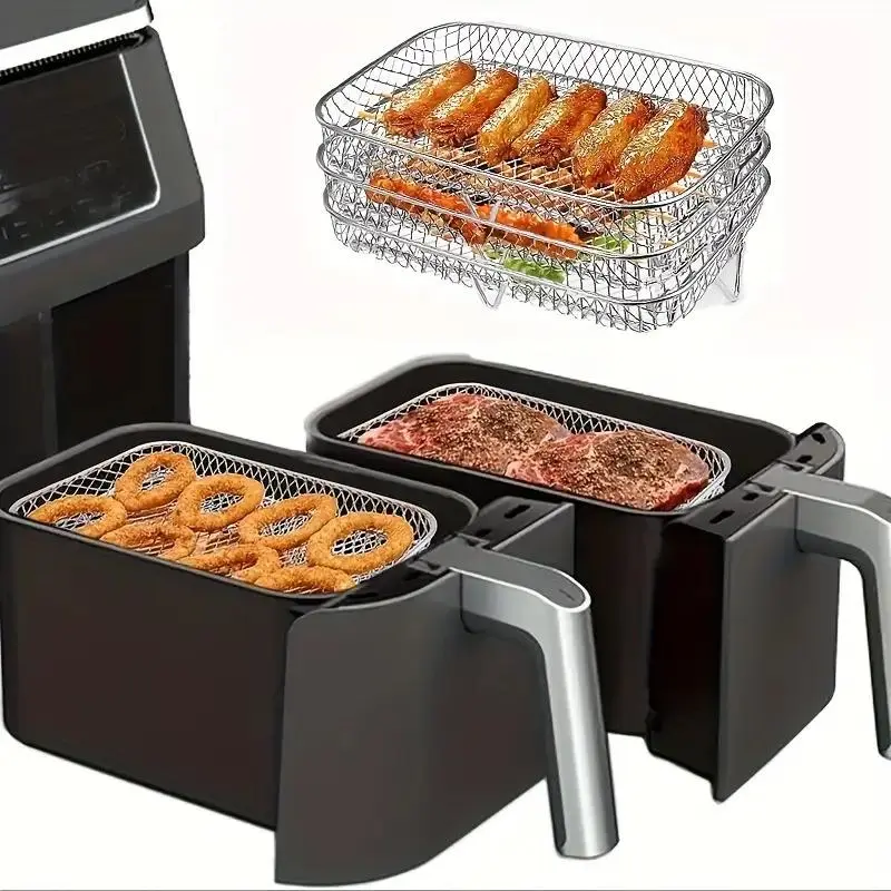Air Fryer Rack Accessories, 3-Tier Stackable 304 Stainless Steel Cooking Basket, Ideal for Chicken Wings and More