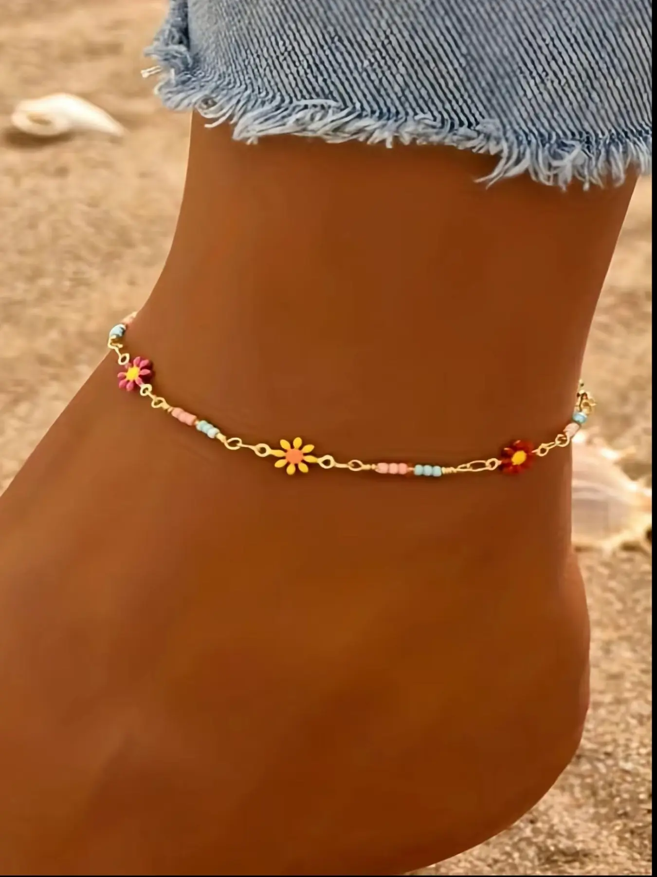 Boho Style Colorful Daisy Pendant Anklet, Trendy Jewelry, Fashion Cool Accessories, Adjustable Design, Women/girls Beach Vacation Party Daily Wear, All Seasons Gift, Versatile Accessory, Trendy Accessories