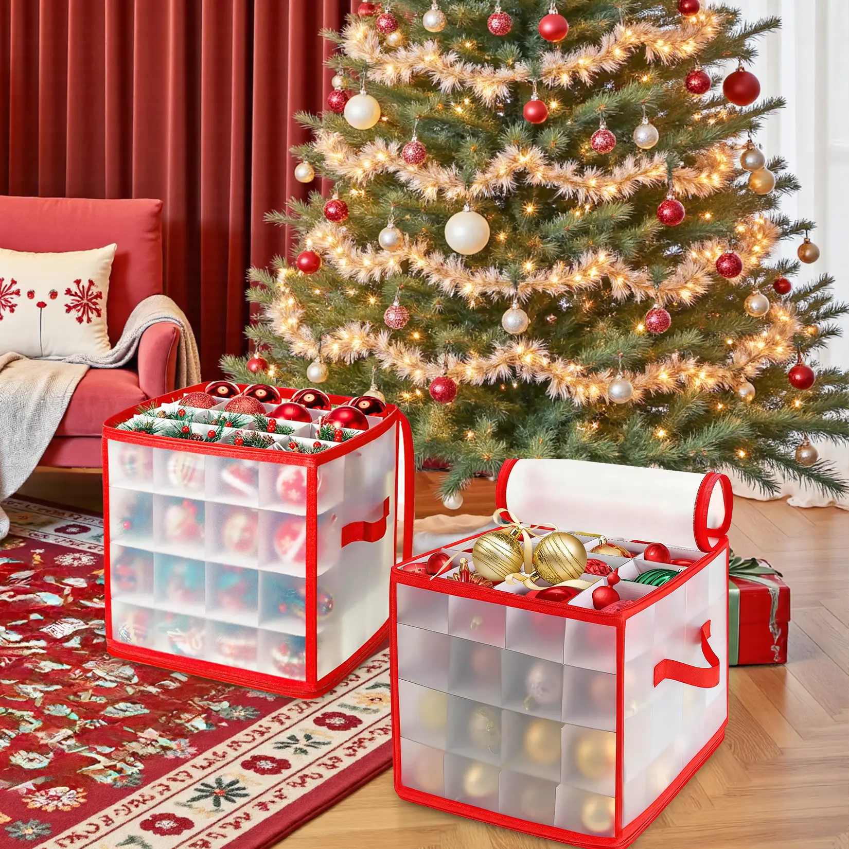 2-Pack Portable Christmas Ornament Storage Boxes, Christmas Storage Container, Stores Upto 128 Christmas Balls with Side Handle, Portable Storage Box for Christmas Tree Ornaments,dorm essentials,home decor