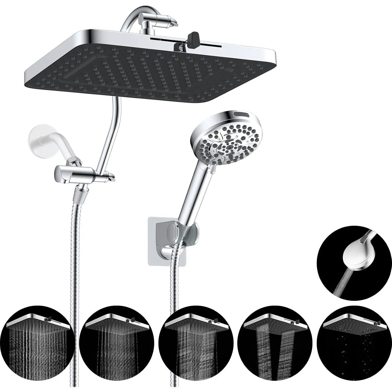 cUPC Certified High  13''  Shower  Combo with 10-mode Handheld , Upgraded Rainfall 5- Shower , 12'' Adjustable Extension Arm, 71'' Hose, Showerhead Holder, Chrome