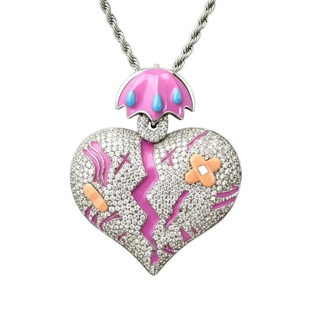 Iced Out Broken Heart Pendant Necklace, Custom Engraved Streetwear Hip Hop Jewelry with Decorative Pink Gem Charm for Men & Women, Decorative Gem Charms & Pendants, Casual, Custom Pendants Engraved men's jewelry trendy costume jewelry