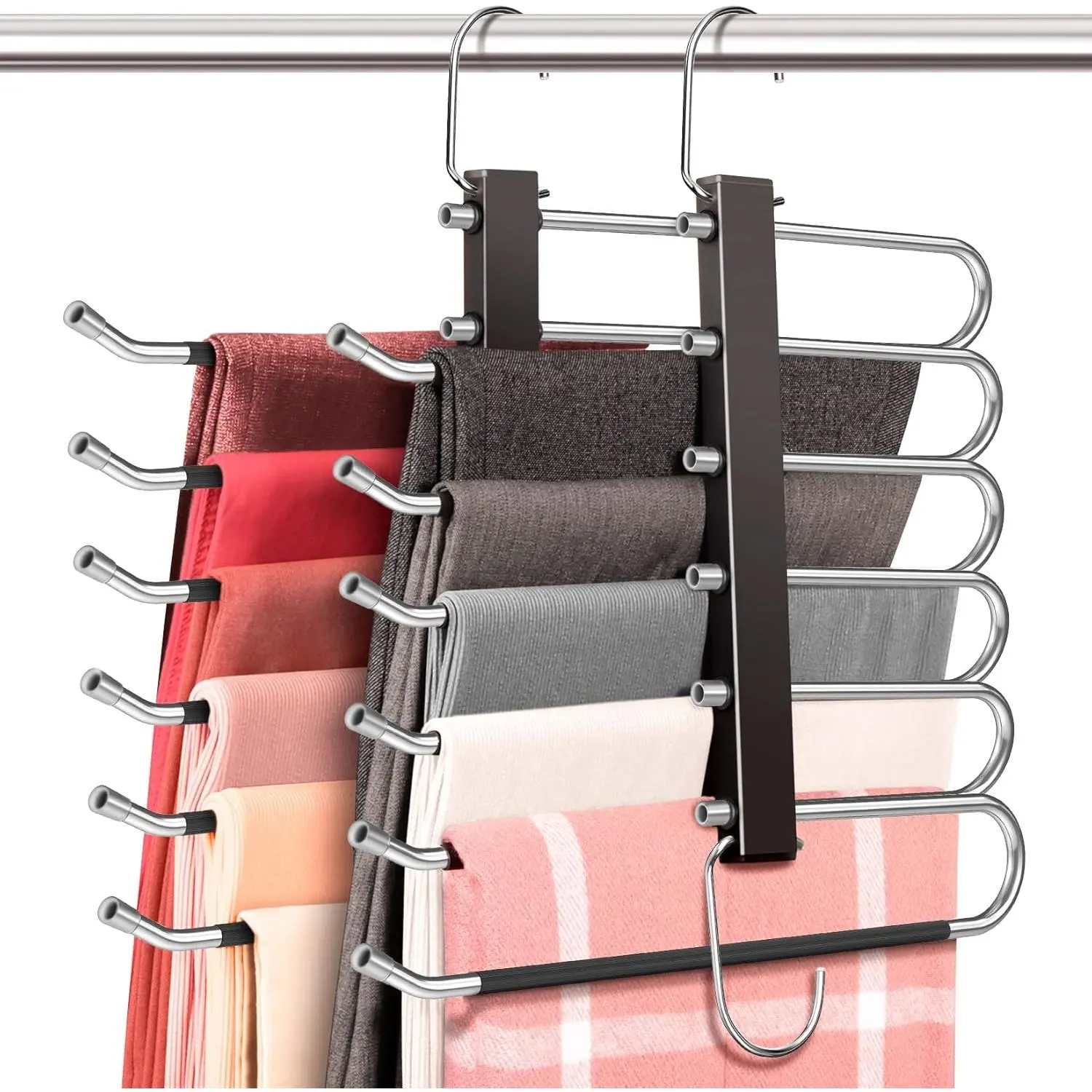 Space Saving 6 Tier Pant Hangers, Anti-Slip, Stainless Steel, 2 Pack, Black