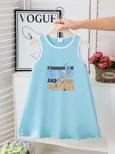 Summer Girls' Sleeveless Backless Dress, Fun Bluey Coffee Letter Print, A-Line Princess Dress, Cute Baby Girl, Toddler Fashion