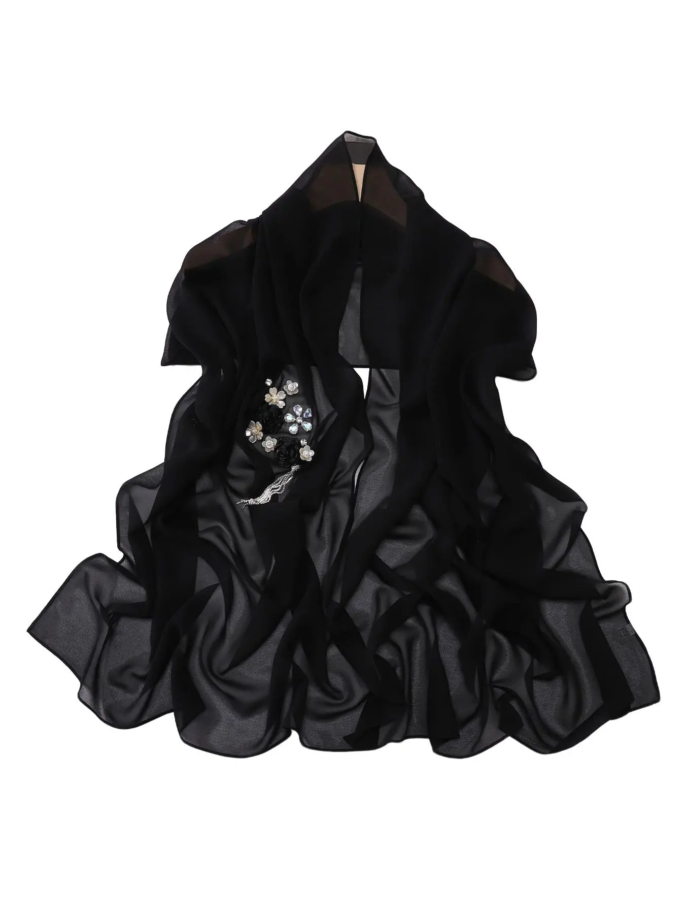 New monochrome chiffon high-end embroidered fringe long scarf hijab Malay headscarf Tignon Scarf