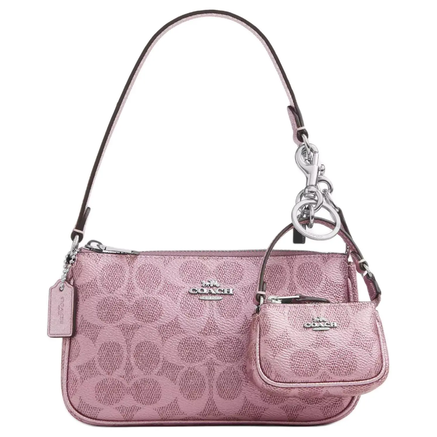 COACH Nolita 19 Small Handbag for Women – Silver Metal Logo, Detachable Pouch, Coated Canvas and Leather, Pink