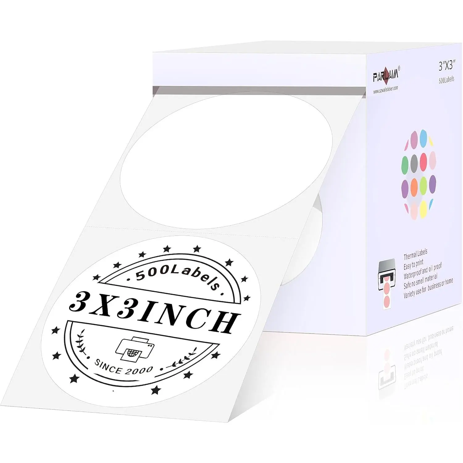 Round Labels 3 Inch White, 500 count Circle Direct Thermal Sticker | 7.6cm  & -Resistant Large Thermal Printing Label for Business Bottle Design, QR Code, Name Tag, Moving Box