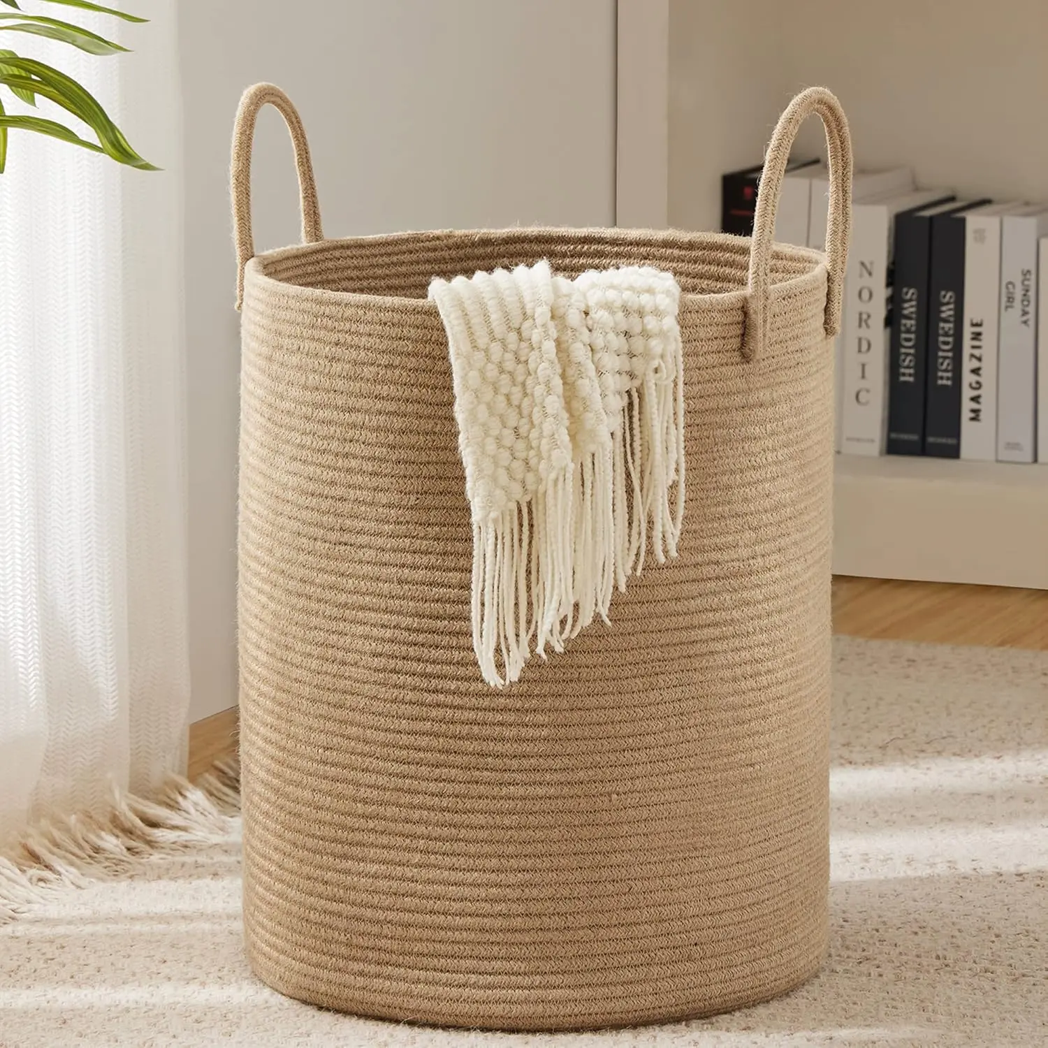Natural Jute Rope Laundry Hamper Basket, 58L High Capacity Vertical Shape Tall Basket for Baby Nursery Bedroom Blanket Storage