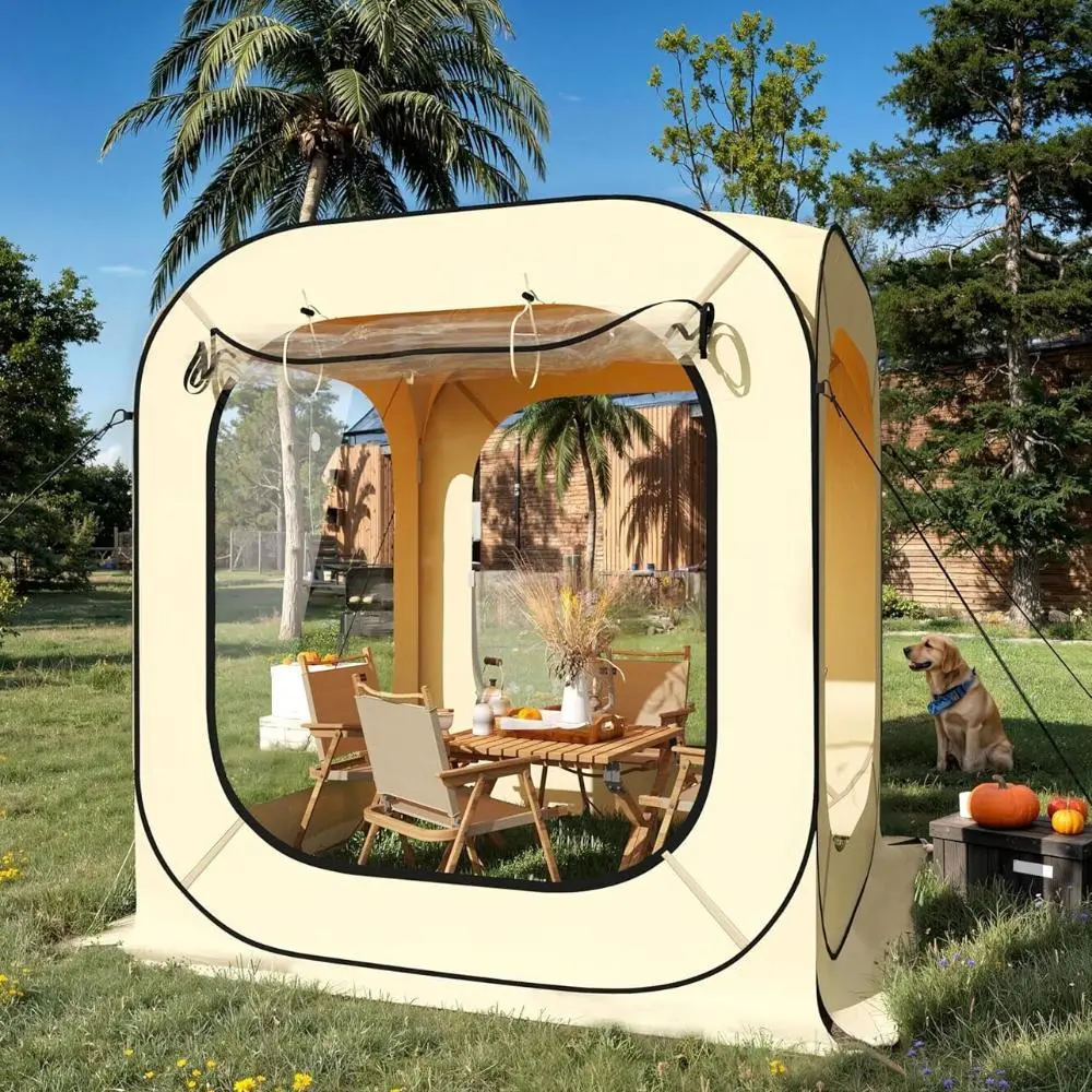 6x6 Ft Outdoor Weatherproof Pop Up Tent - Steel Frame, Closable Windows, Arch Design, 2-3 Person Instant Rainproof Windproof Coldproof Shelter for Backyard Party, Beige Patio Sports Events Tent