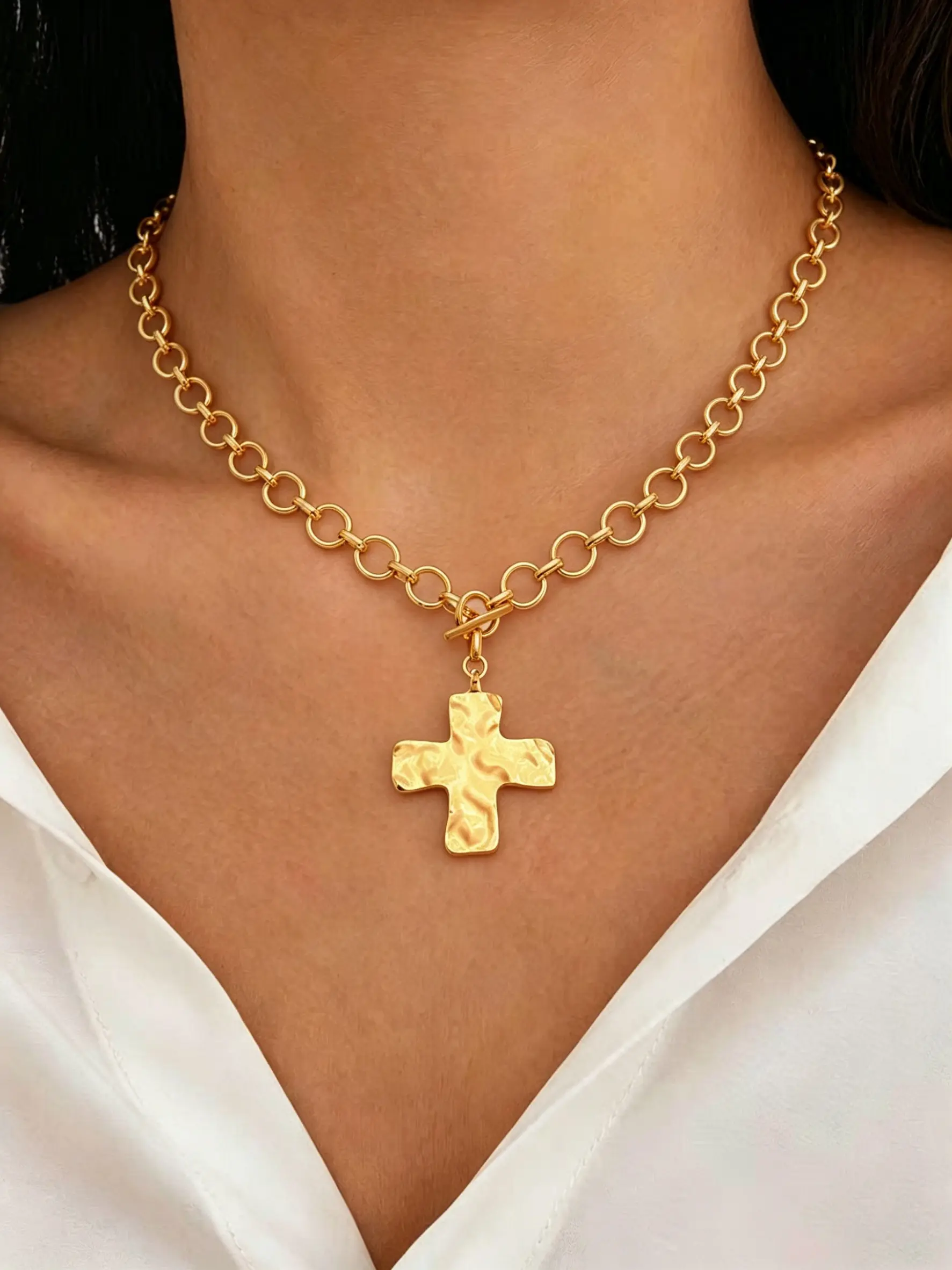 Gold Chunky Cross Necklace for Women Statement Cross Pendant Necklace Layered Hammered Bold Cross Chain Design Necklace Vintage Toggle Clasp Necklace Jewelry For Easter Gift