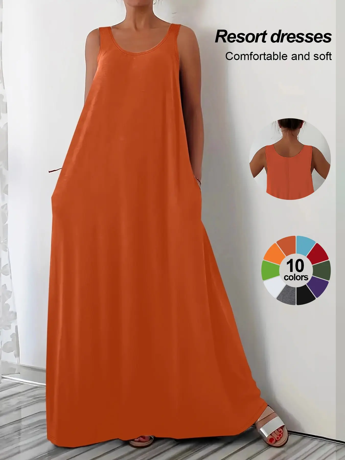 2026 Summer Resort Sleeveless Maxi Dress, Loose Flowy U Neck, Open Back, Long Sundress with Pockets, Casual Oversized Beach Cover Up