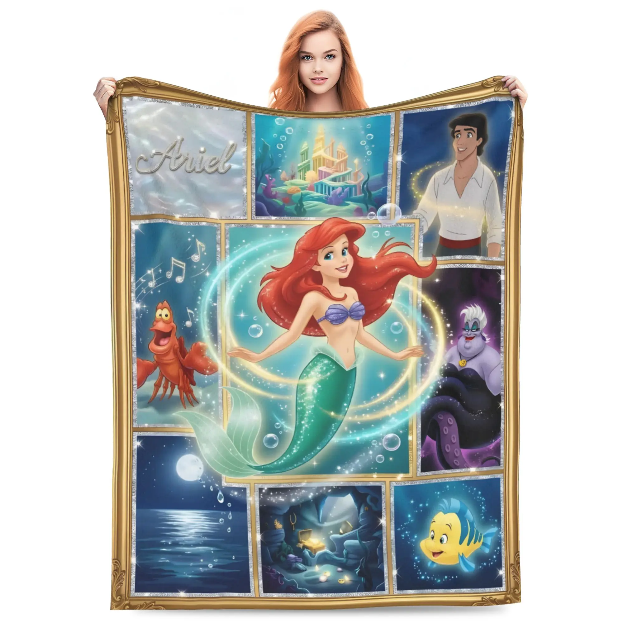 DISNEY CLASSIC The Little Mermaid Ariel Throw Blanket, Golden Frame Grid Collage Flounder Sebastian Ursula Prince Eric Underwater Castle Bubble Print Flannel Fleece Blanket for Sofa Bed Bedroom, Princess Gift for Girls Kids Women